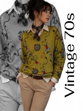 Vintage 70s Wool Mustard Yellow Equestrian Heritage Preppy Sweater Size Medium